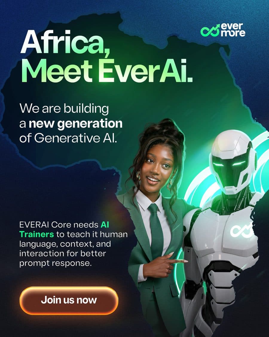 Evermore AI trainer standing beside the EverAI robot assistant — join Evermore as an AI trainer and get paid to train EverAI